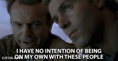 Two Men Looking At Each Other Saying I Have No Intention Of Being On My Own With These People GIF