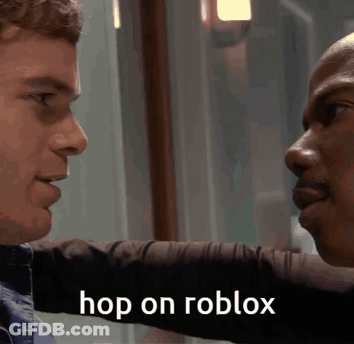 Two Men Looking At Each Other With The Words Hop On Roblox On The Bottom Right GIF