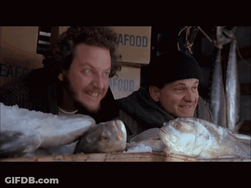 Two Men Looking At Fish Beside Seafood Box GIF