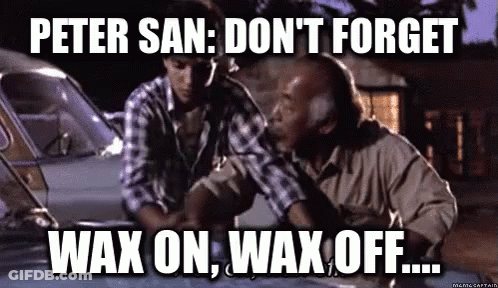 Two Men Looking Under The Hood Of A Car With The Caption " Peter San : Don 'T Forget Wax On , Wax Off ... " GIF