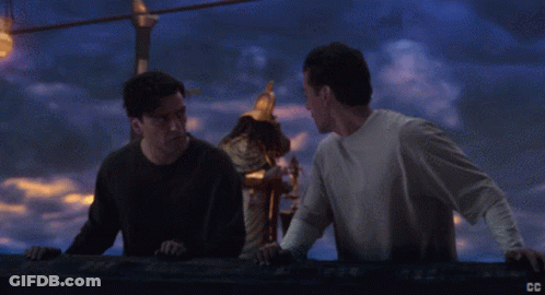 Two Men On A Boat With The Words Kill The Hippo Steal The Boat On The Bottom GIF