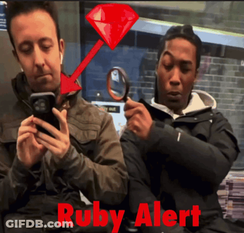 Two Men On Cell Phones Magnifying Glass Ruby Alert GIF