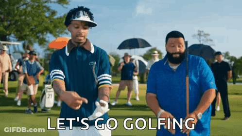 Two Men On Golf Course Saying Let's Go Golfing GIF