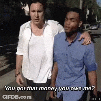 Two Men On Sidewalk Asking If He Has Money GIF