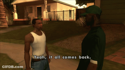 Two Men On Sidewalk Saying Yeah It All Comes Back GIF