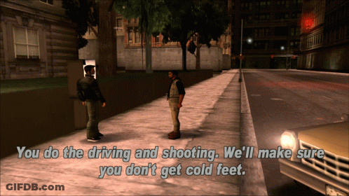 Two Men On Sidewalk You Do The Driving And Shooting We'll Make Sure GIF