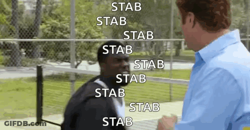 Two Men On Tennis Court Saying Stab Stab Stab GIF