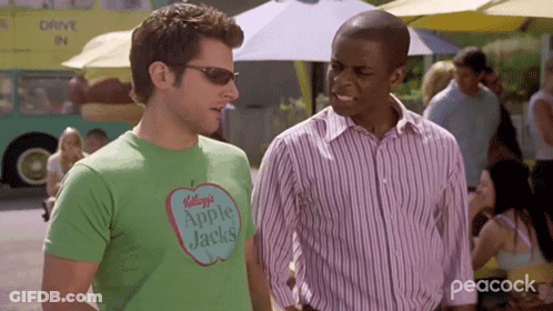 Two Men One In Green Apple Jacks Shirt GIF