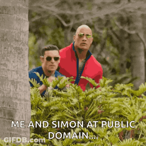 Two Men Peeking Out From Behind A Bush With A Caption That Says Me And Simon At Public Domain GIF