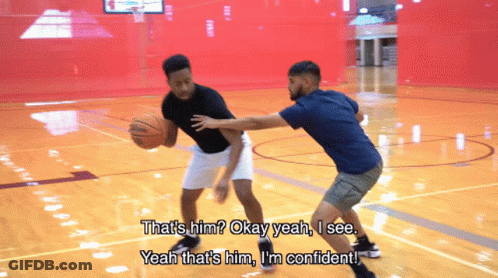 Two Men Playing Basketball On A Court With One Saying That 'S Him GIF