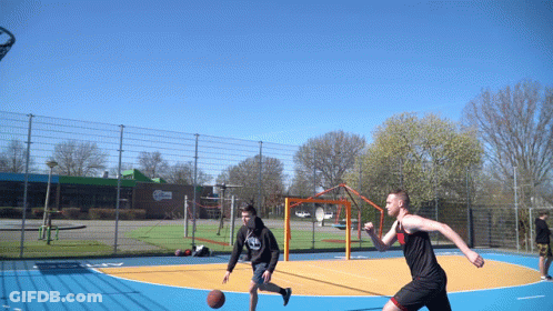 Two Men Playing Basketball One In Black Hoodie Saying AA GIF