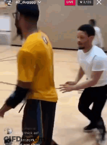 Two Men Playing Basketball Yellow And White Shirts GIF