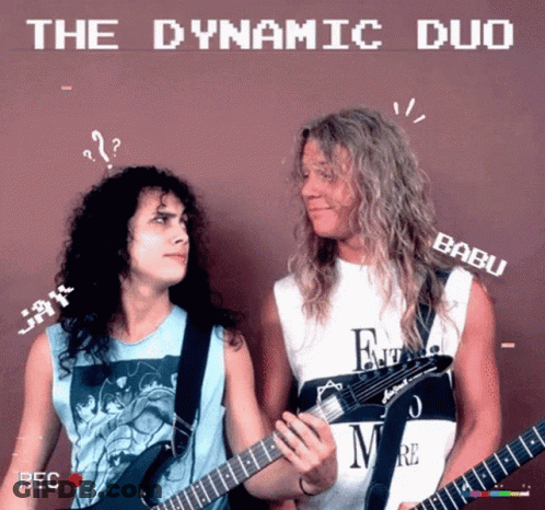 Two Men Playing Guitars In Front Of A Wall With The Dynamic Duo Written On The Bottom GIF