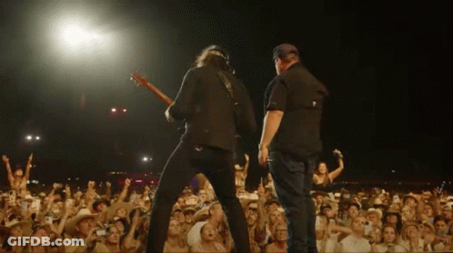 Two Men Playing Guitars In Front Of Crowd GIF
