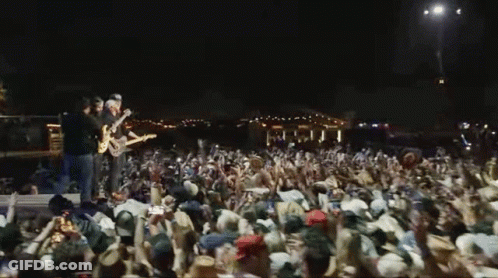 Two Men Playing Guitars On Stage GIF