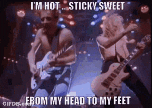 Two Men Playing Guitars Saying I'm Hot Sticky Sweet GIF