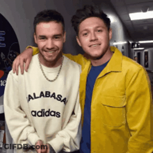 Two Men Posing For A Picture With One Wearing An Adidas Sweatshirt GIF