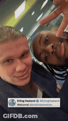 Two Men Posing With Erling Haaland Welcome GIF