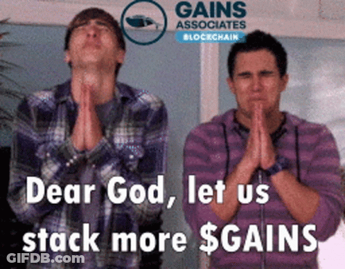 Two Men Praying In Front Of A Gains Logo GIF