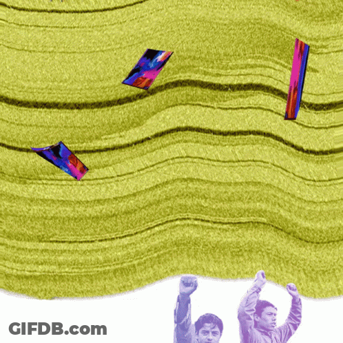 Two Men Raising Fists In Front Of Yellow Carpet GIF