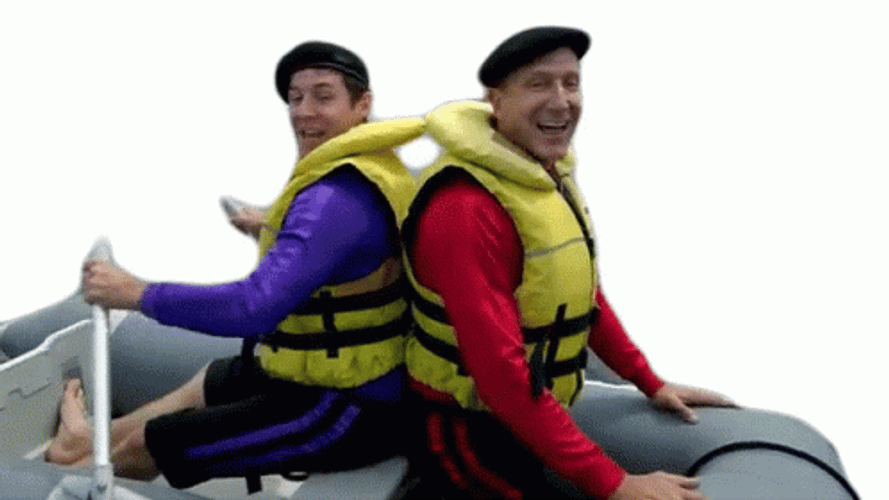 Two Men Row The Boat While Smiling GIF