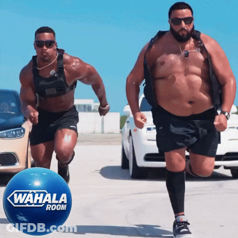 Two Men Running With Blue Ball Saying Wahala Room GIF