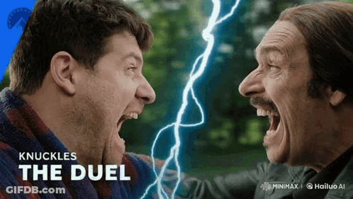Two Men Screaming At Each Other With Lightning And Knuckles The Duel GIF
