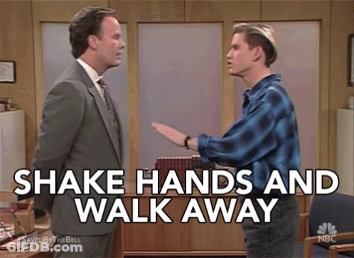 Two Men Shaking Hands And Walking Away GIF