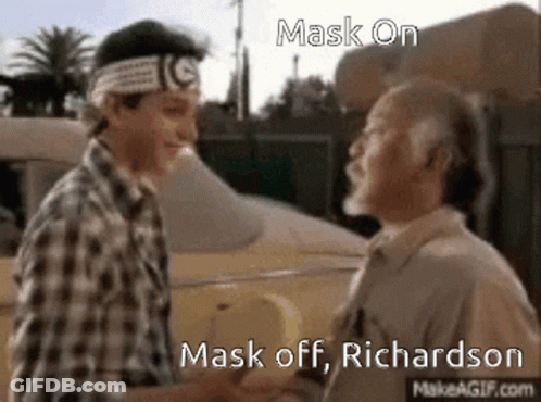 Two Men Shaking Hands In Front Of A Car With The Words Mask On Mask Off Richardson GIF