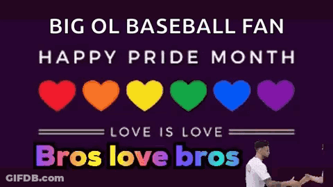 Two Men Shaking Hands In Front Of A Purple Background That Says Big Ol Baseball Fan Happy Pride Month Love Is Love Bros GIF