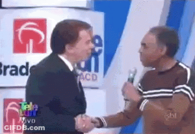 Two Men Shaking Hands In Front Of Bradesco Logo GIF