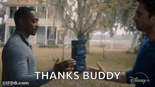 Two Men Shaking Hands In Front Of House Saying Thanks Buddy GIF