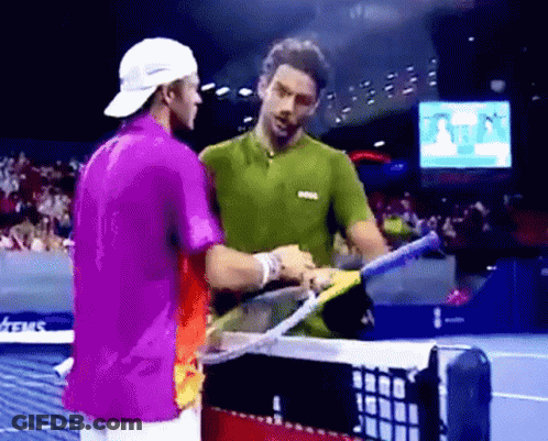 Two Men Shaking Hands Purple Shirt GIF