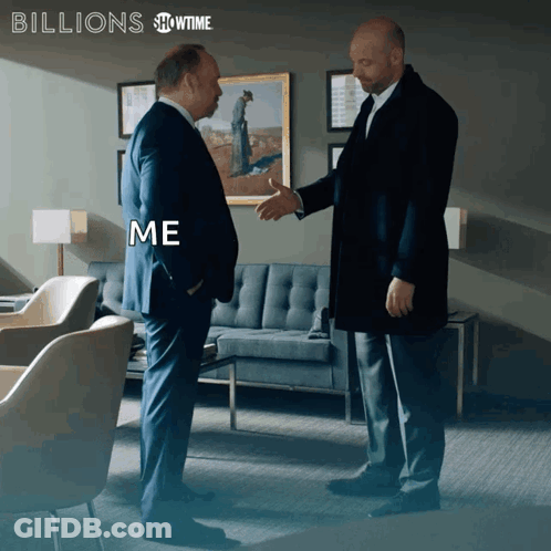 Two Men Shaking Hands With Text Billions Showtime GIF