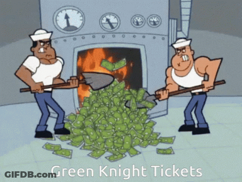 Two Men Shoveling A Pile Of Green Knight Tickets Into A Fire GIF