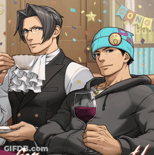 Two Men Sitting At A Table With A Banner That Says Congratulations GIF