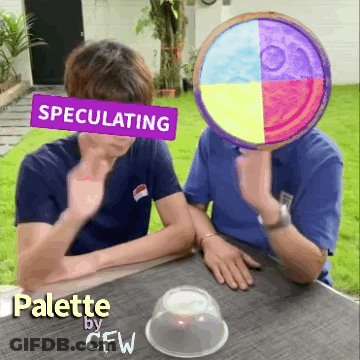 Two Men Sitting At A Table With A Purple Sign That Says Speculating On It GIF