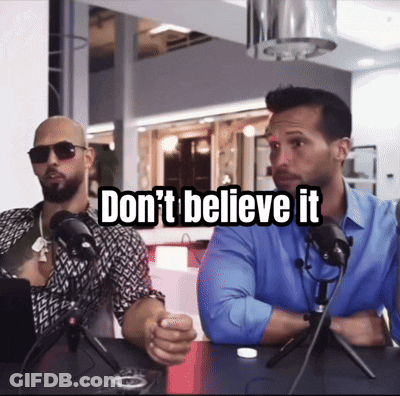 Two Men Sitting At A Table With Microphones And The Words " Don 'T Believe It " GIF