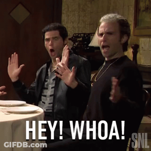 Two Men Sitting At A Table With The Words Hey Whoa Snl GIF