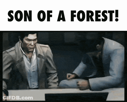 Two Men Sitting At A Table With The Words Son Of A Forest GIF