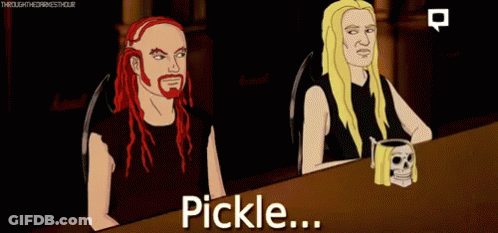 Two Men Sitting At Pickle Table GIF