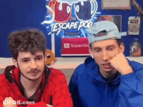 Two Men Sitting In Front Of Escape Pod Podcast Sign GIF