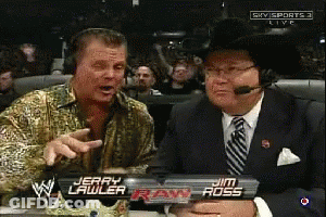 Two Men Sitting In Front Of Jim Ross And Jerry Lawler Sign GIF