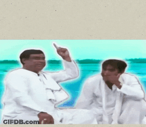 Two Men Sitting Next To Each Other With The Caption " POV When You 'Re Friend Faking A Story But You Know The Truth GIF
