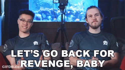 Two Men Sitting Next To Each Other With The Words Let 'S Go Back For Revenge Baby Written On The Screen GIF