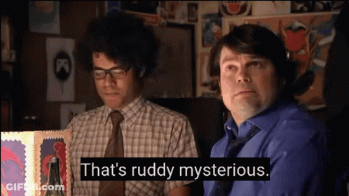 Two Men Sitting Next To Each Other With The Words That 'S Ruddy Mysterious On The Screen GIF
