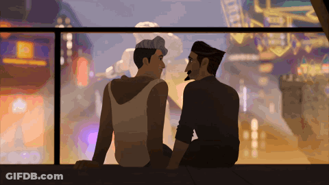 Two Men Sitting On A Balcony Looking At Each Other With A Sign That Says ' A ' On It GIF