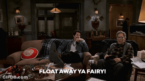 Two Men Sitting On A Couch With The Words " Float Away Ya Fairy " GIF