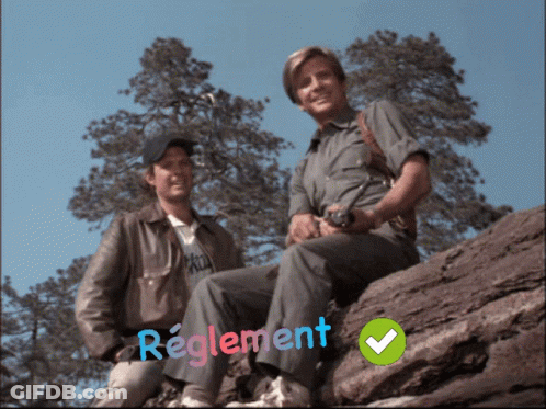 Two Men Sitting On A Rock With The Word Reglement On The Bottom Left GIF
