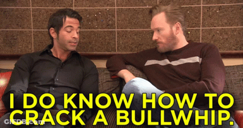 Two Men Sitting On Couch Saying I Know How To Crack A Bullwhip GIF